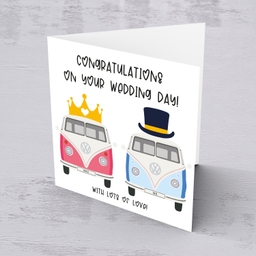 Campervan themed wedding card with crown and hat in English