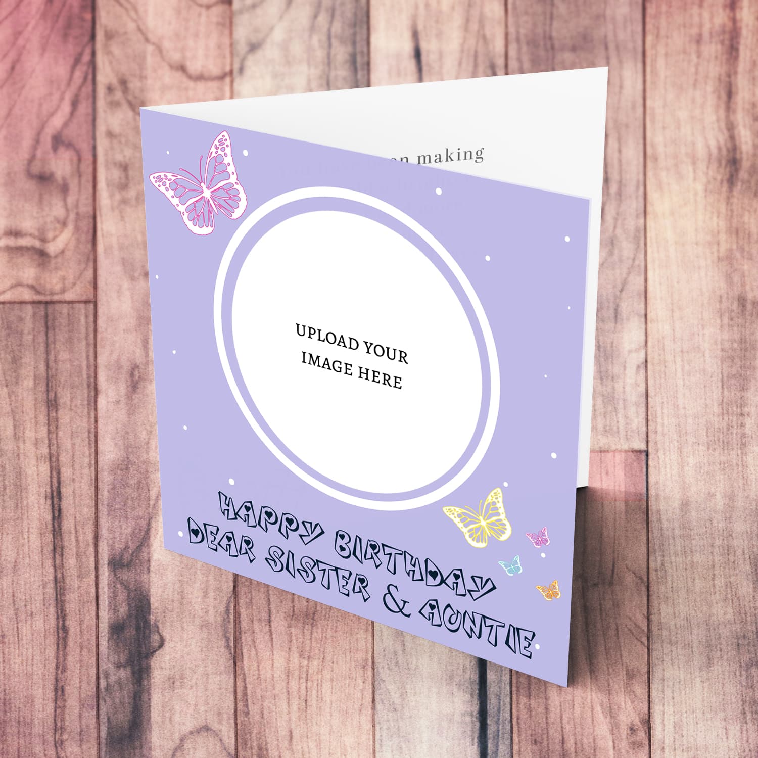 A cute photo birthday card for Sister & Auntie in a light purple background with colourful butterflies in English
