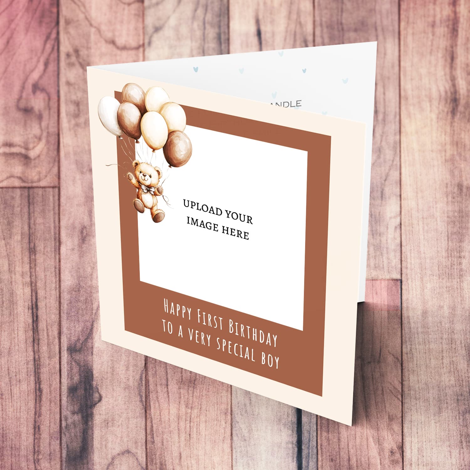 A cute bear themed first birthday card for boy in a neutral background in English 