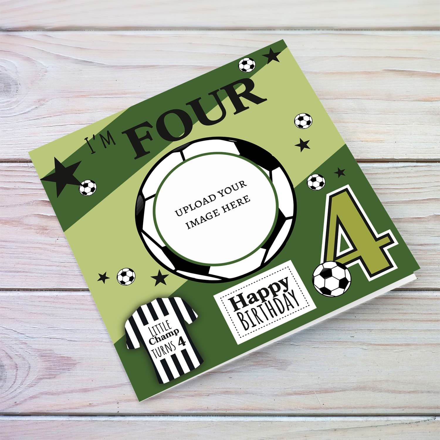 A cute football themed photo birthday card for a 4 year old boy, featuring a green themed background, with scattered footballs in English