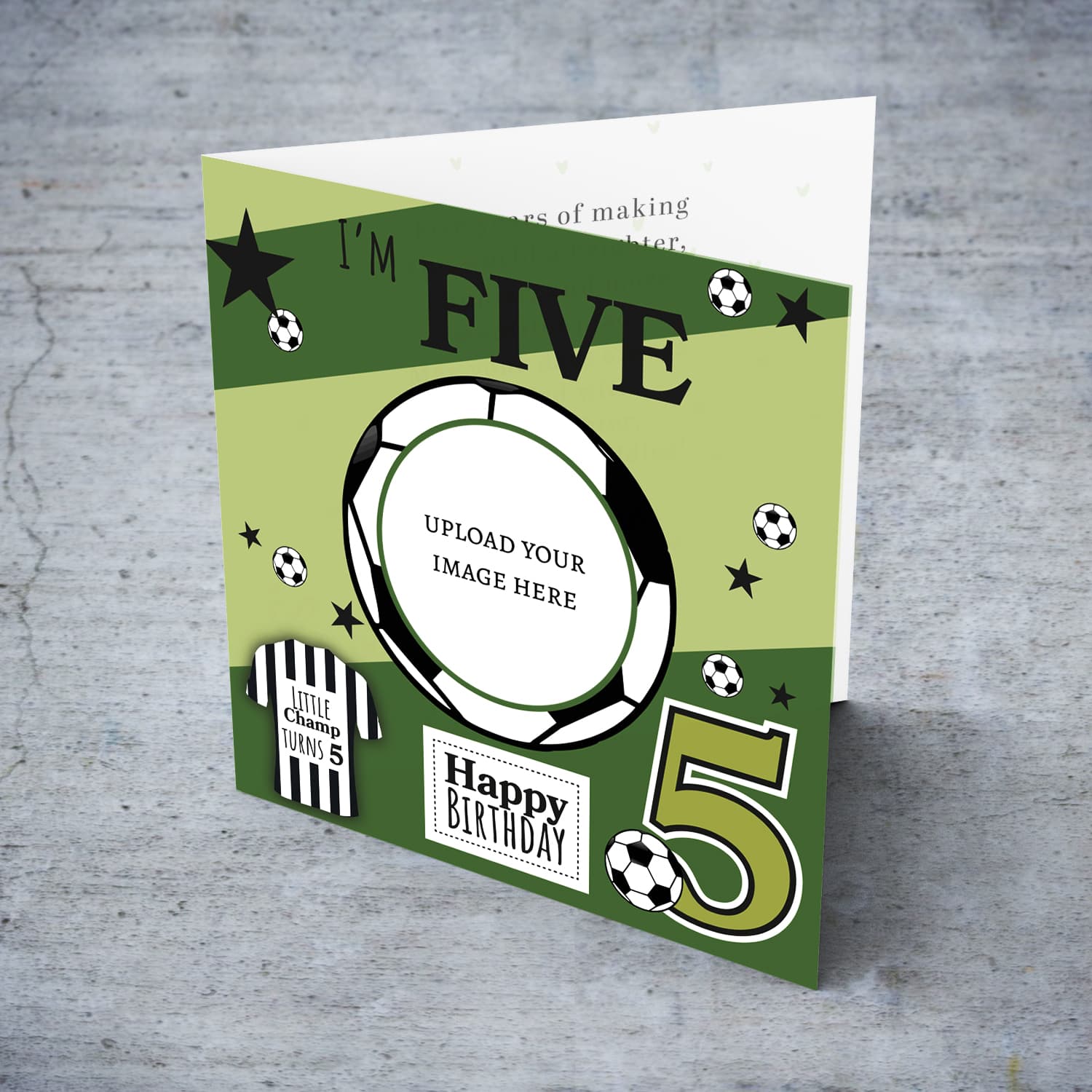 A cute football themed photo birthday card for a 5 year old boy, featuring a green themed background, with scattered footballs in English