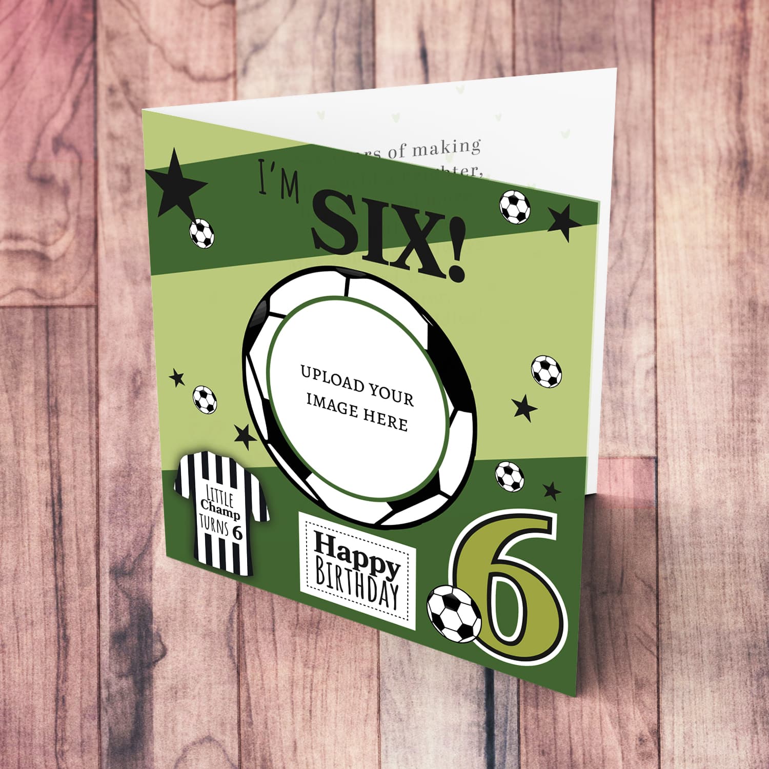 A cute football themed photo birthday card for a 6 year old boy, featuring a green themed background, with scattered footballs in English