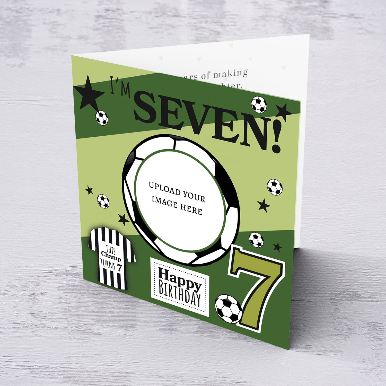A cute football themed photo birthday card for a 7 year old boy, featuring a green themed background, with scattered footballs in English