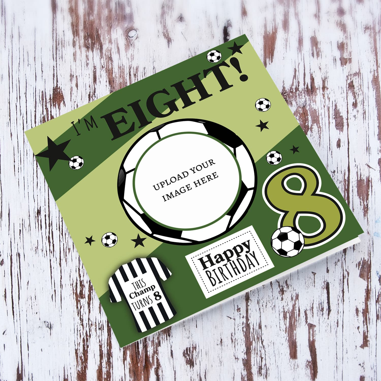 A cute football themed photo birthday card for an 8 year old boy, featuring a green themed background, with scattered footballs in English