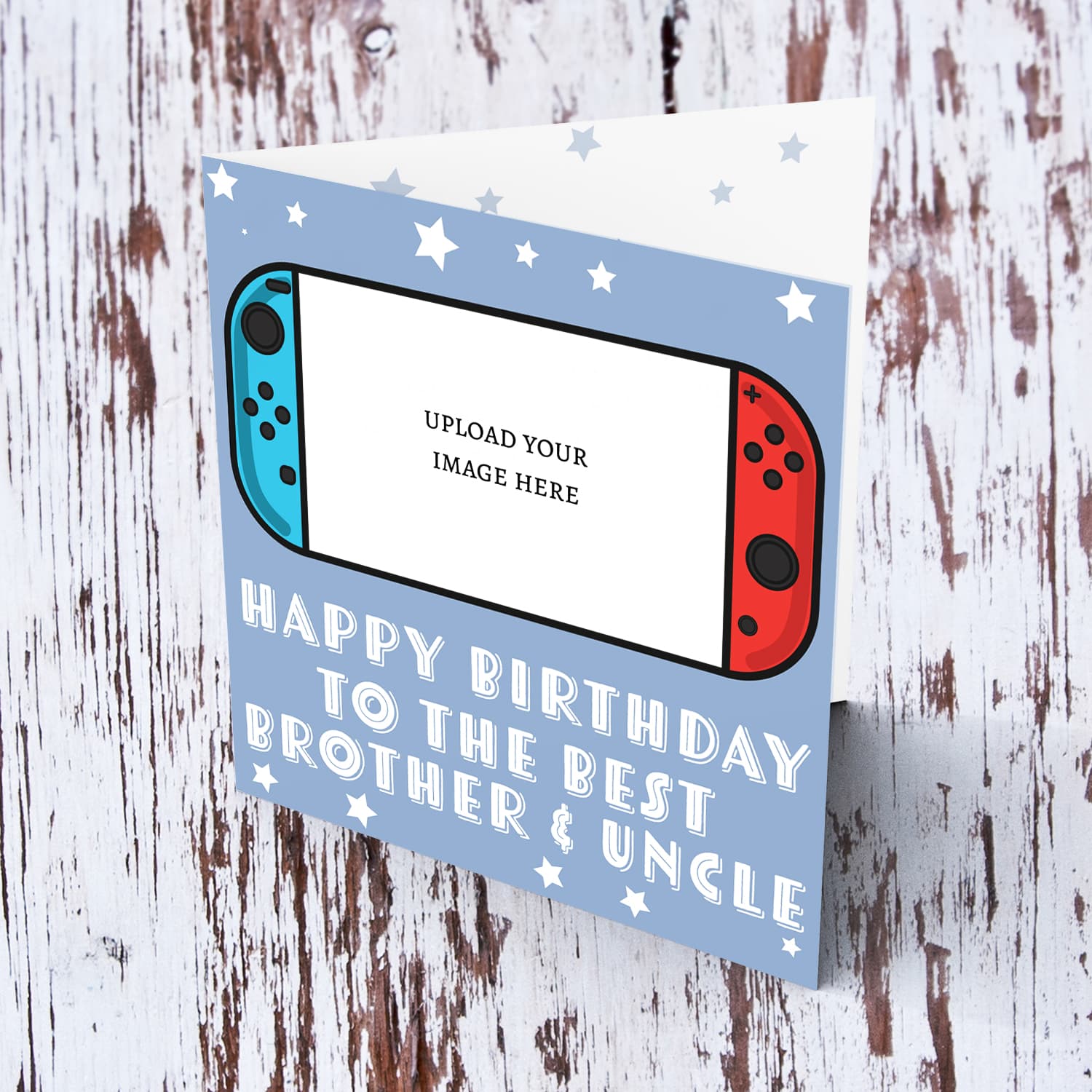 A photo birthday card for brother & uncle featuring a nintendo cartoon design, in a light blue background with scattered white stars in English 