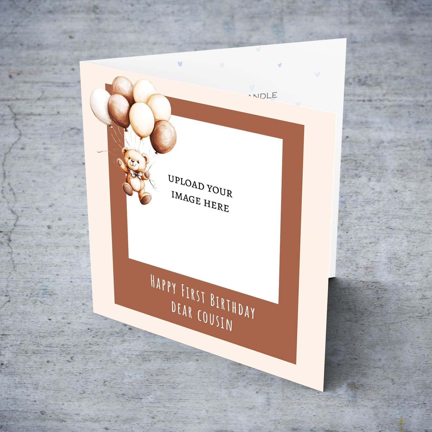 A cute bear themed first birthday card for cousin (boy) in a neutral background in English