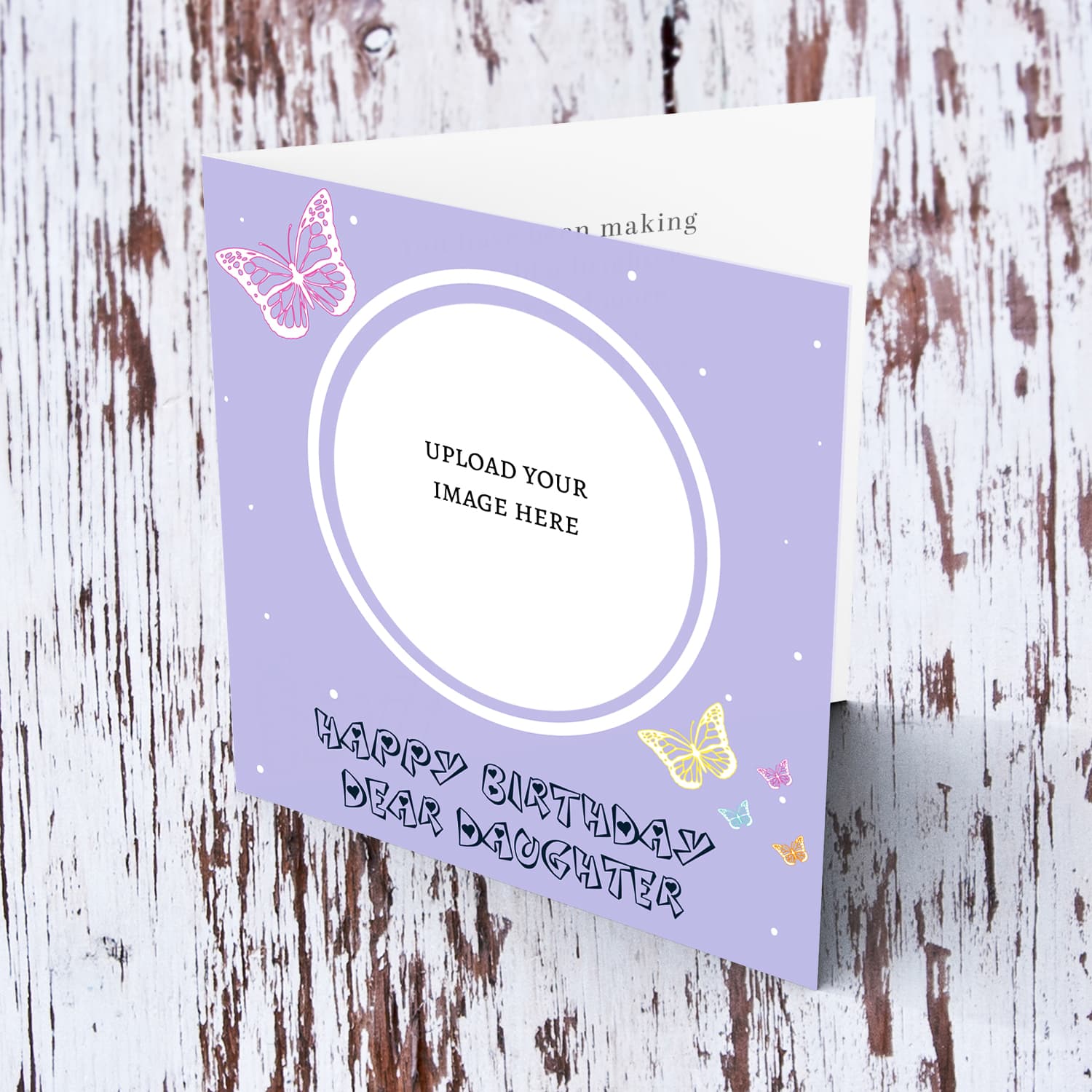 A cute photo birthday card for Daugher in a light purple background with colourful butterflies in English