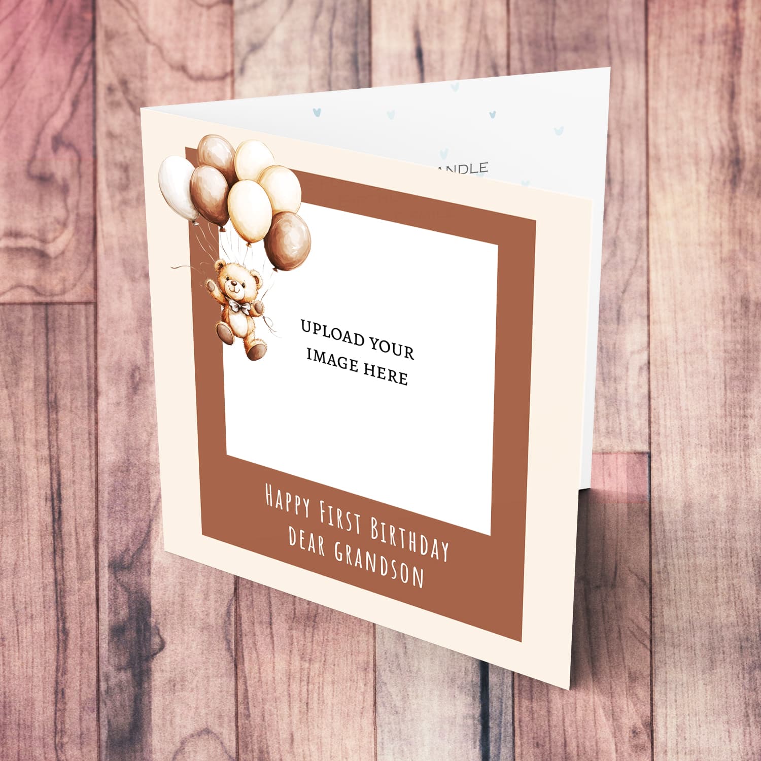 A cute bear themed first birthday card for grandson in a neutral background in English