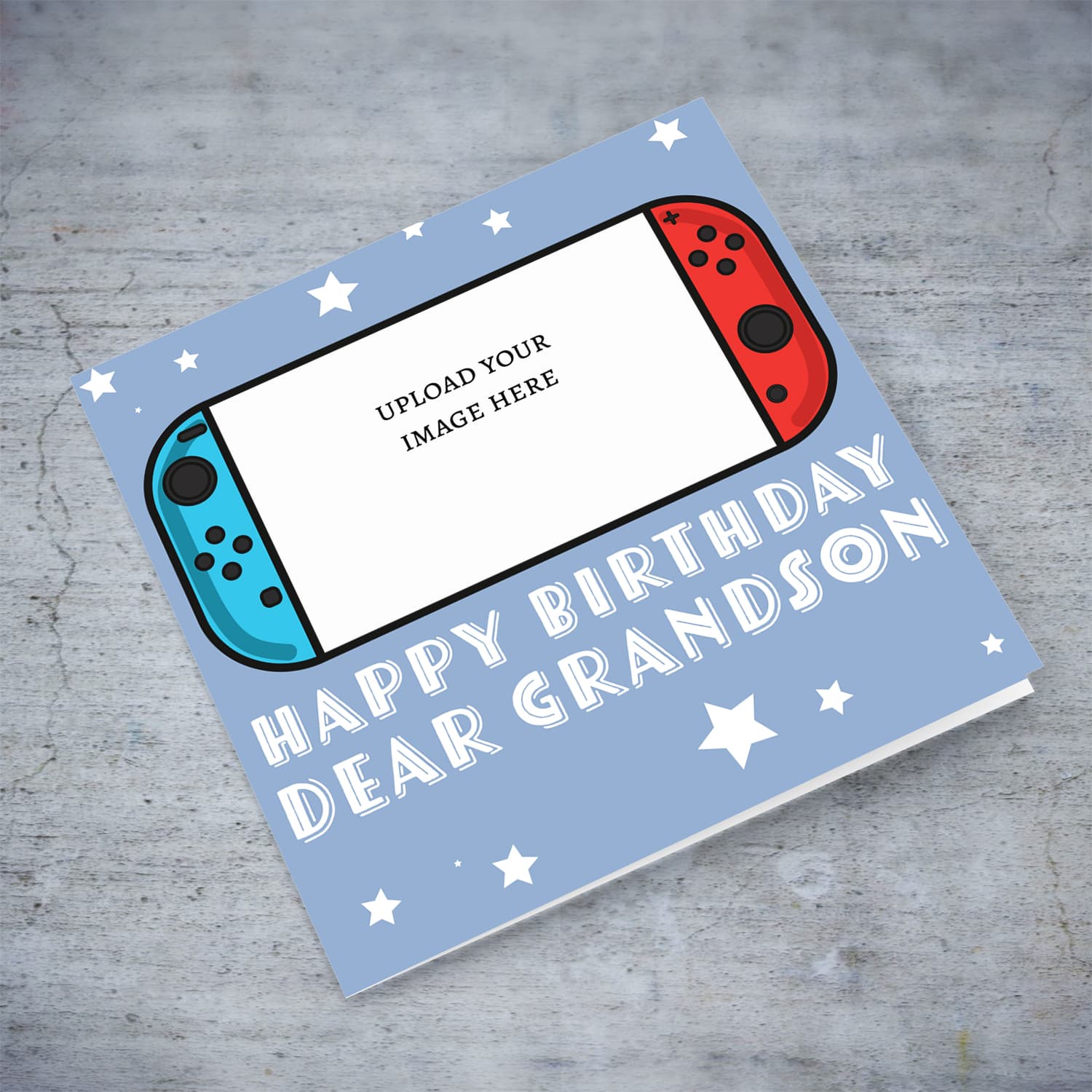 A photo birthday card for grandson featuring a nintendo cartoon design, in a light blue background with scattered white stars in English
