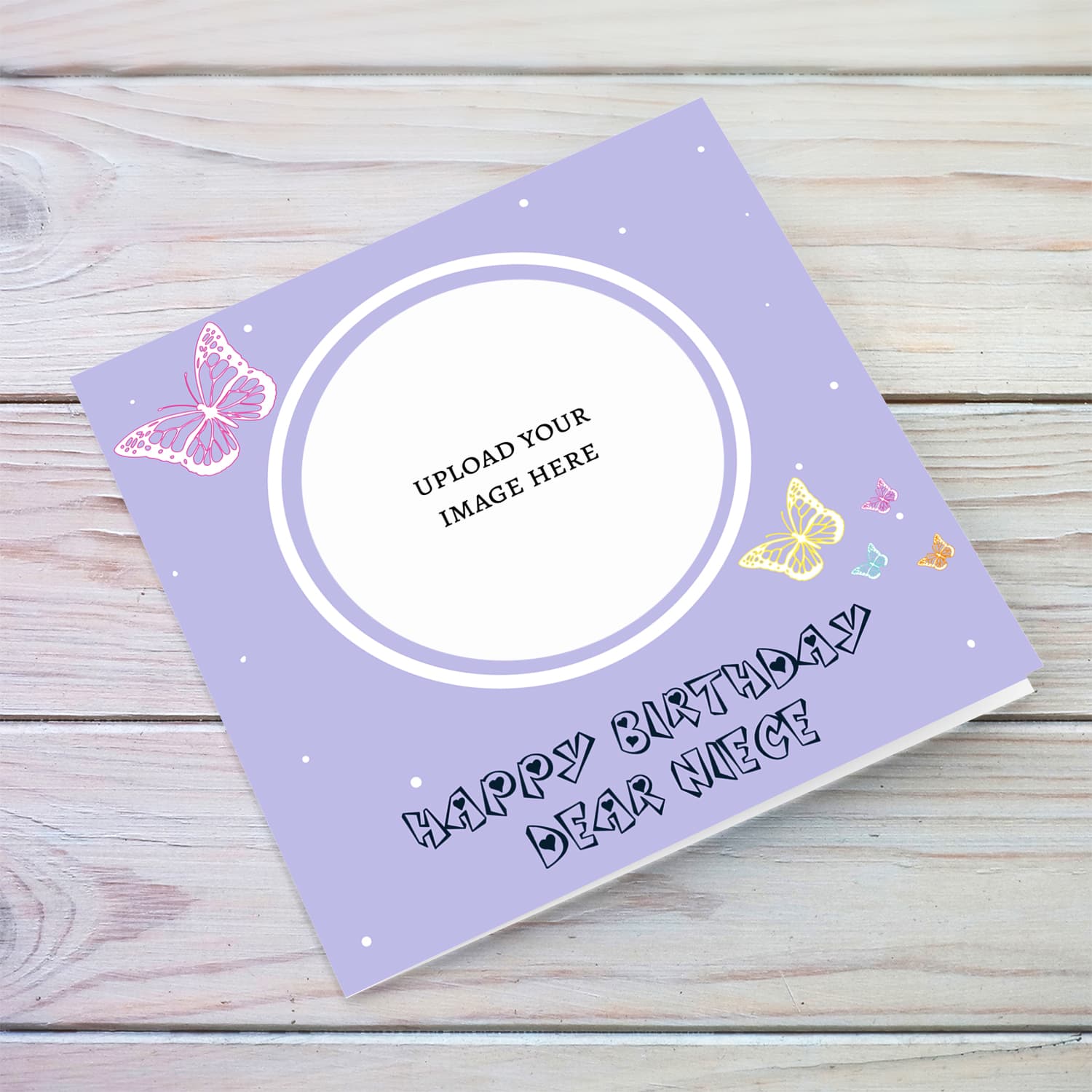 A cute photo birthday card for Niece in a light purple background with colourful butterflies in English