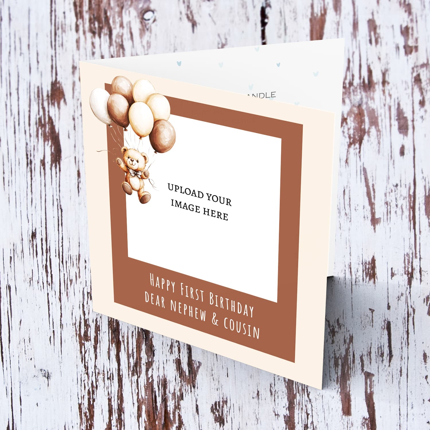 A cute bear themed first birthday card for nephew & cousin in a neutral background in English