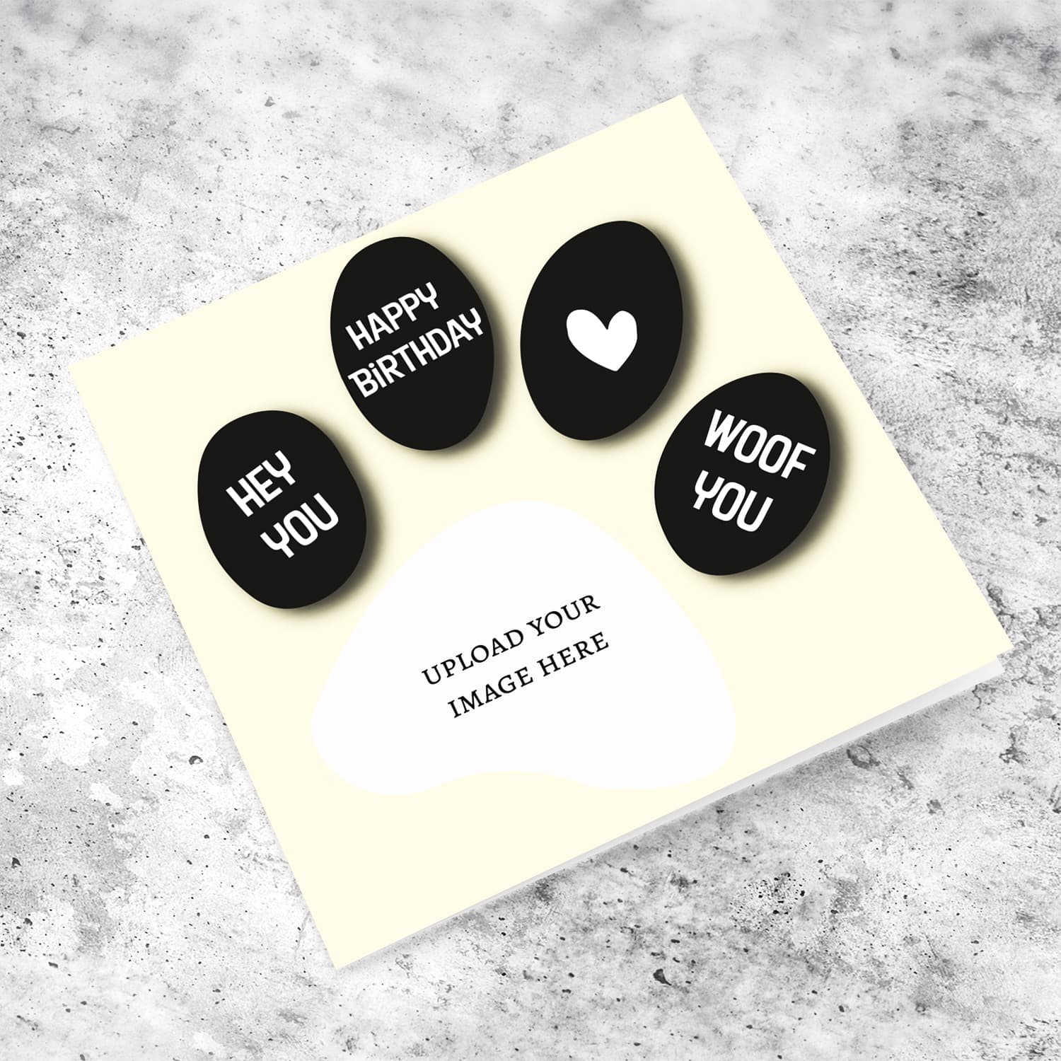 A cute paw themed photo birthday day card in black paw print in English 