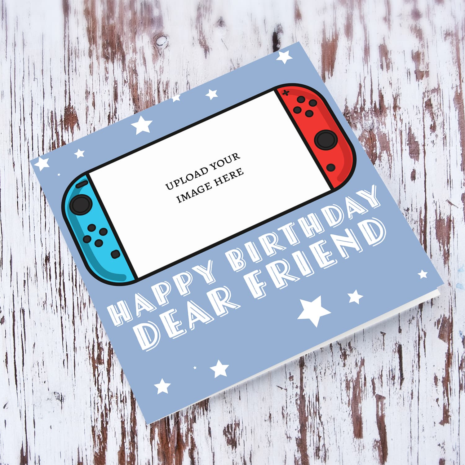 A photo birthday card for a dear friend featuring a nintendo cartoon design, in a light blue background with scattered white stars in English