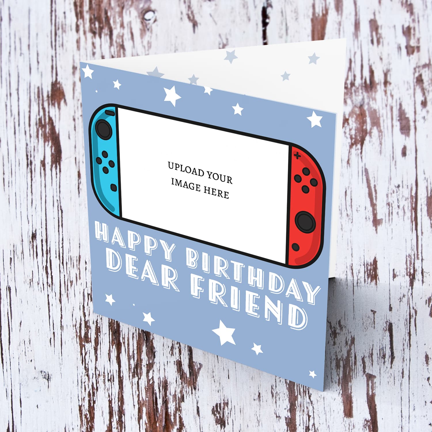 A photo birthday card for a dear friend featuring a nintendo cartoon design, in a light blue background with scattered white stars in English