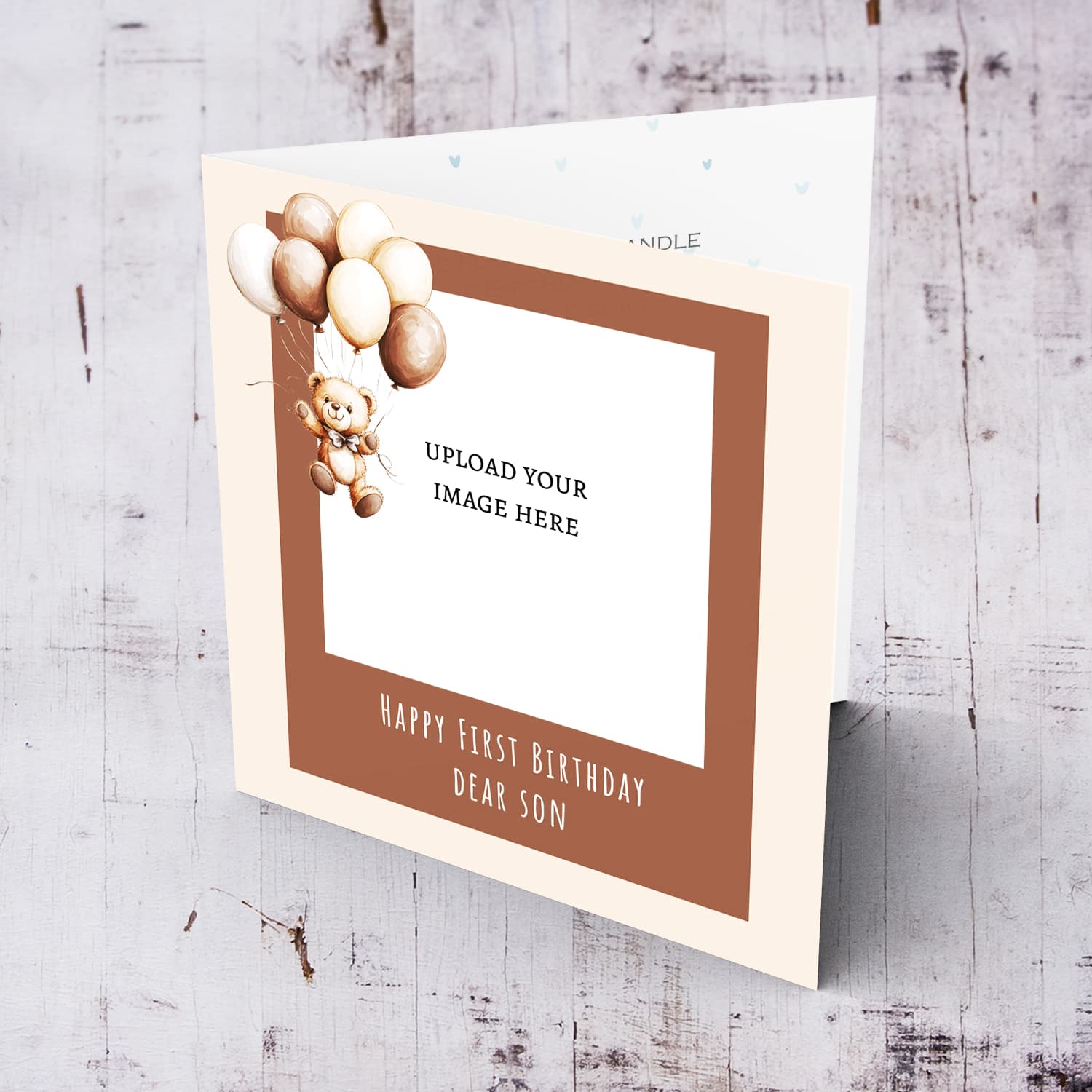 A cute bear themed first birthday card for son in a neutral background in English