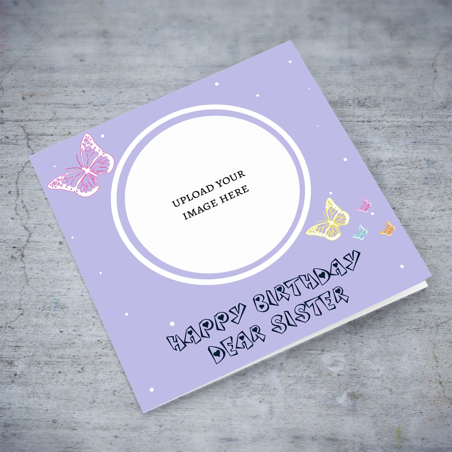 A cute photo birthday card for Sister in a light purple background with colourful butterflies in English