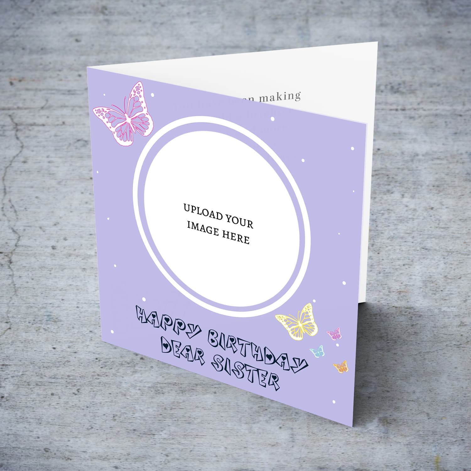 A cute photo birthday card for Sister in a light purple background with colourful butterflies in English