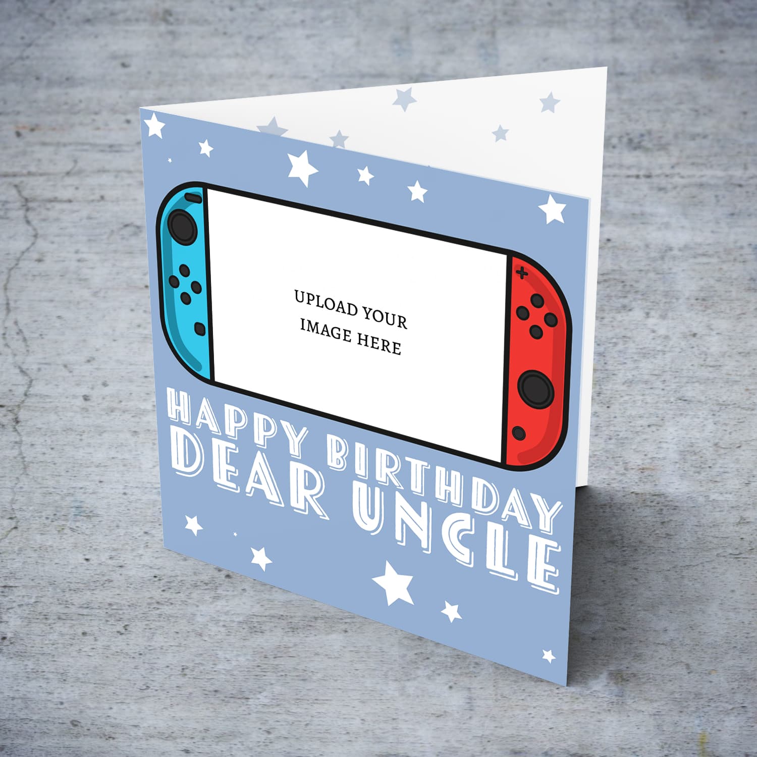 A photo birthday card for uncle featuring a nintendo cartoon design, in a light blue background with scattered white stars in English