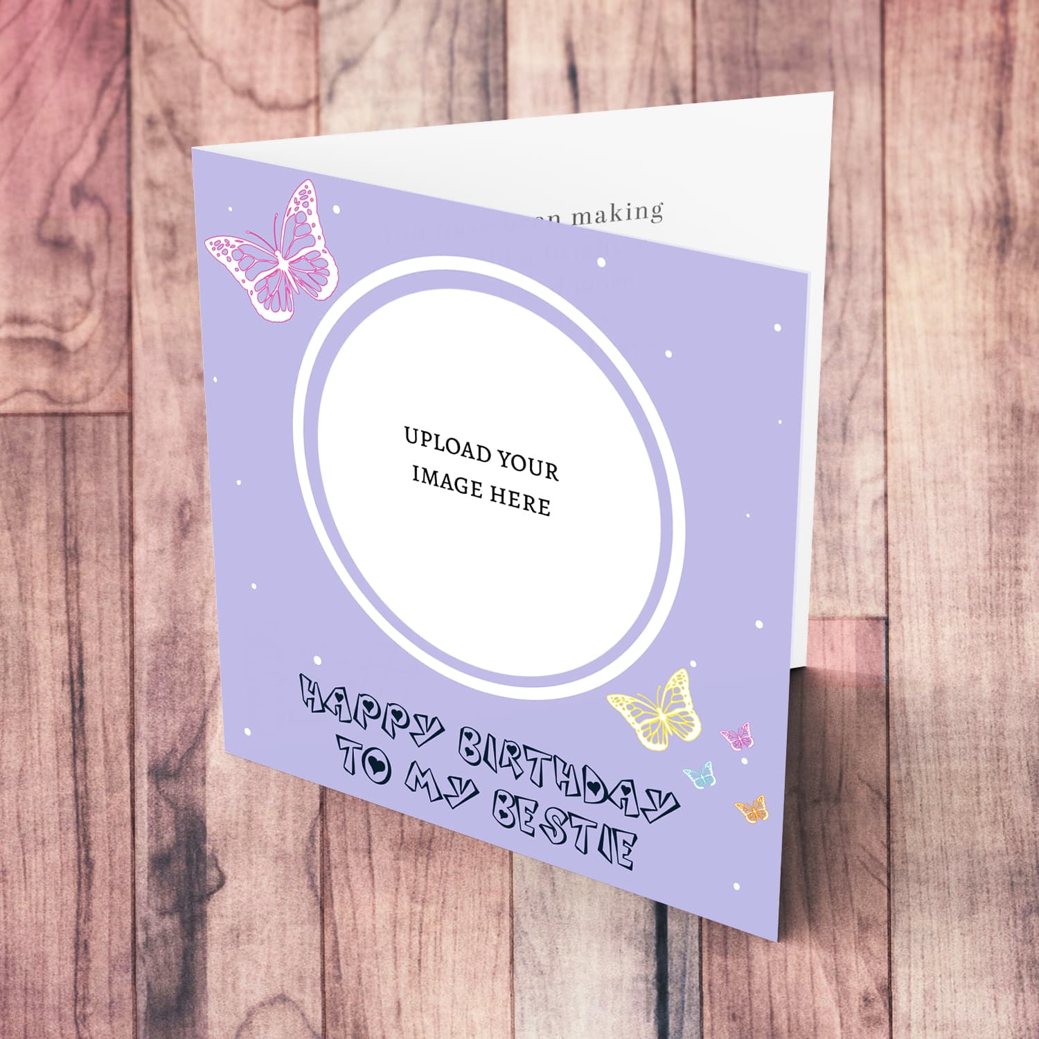 A cute photo birthday card for your bestie in a light purple background with colourful butterflies in English