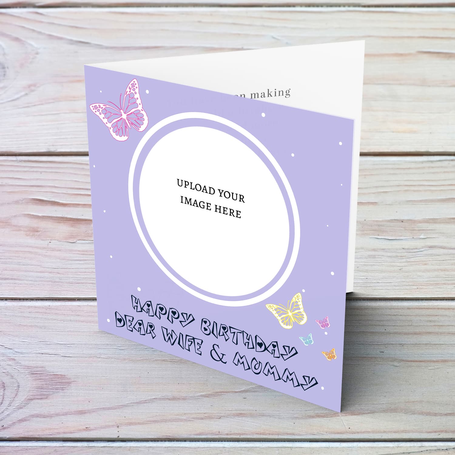 A cute photo birthday card for Wife & Mummy in a light purple background with colourful butterflies in English