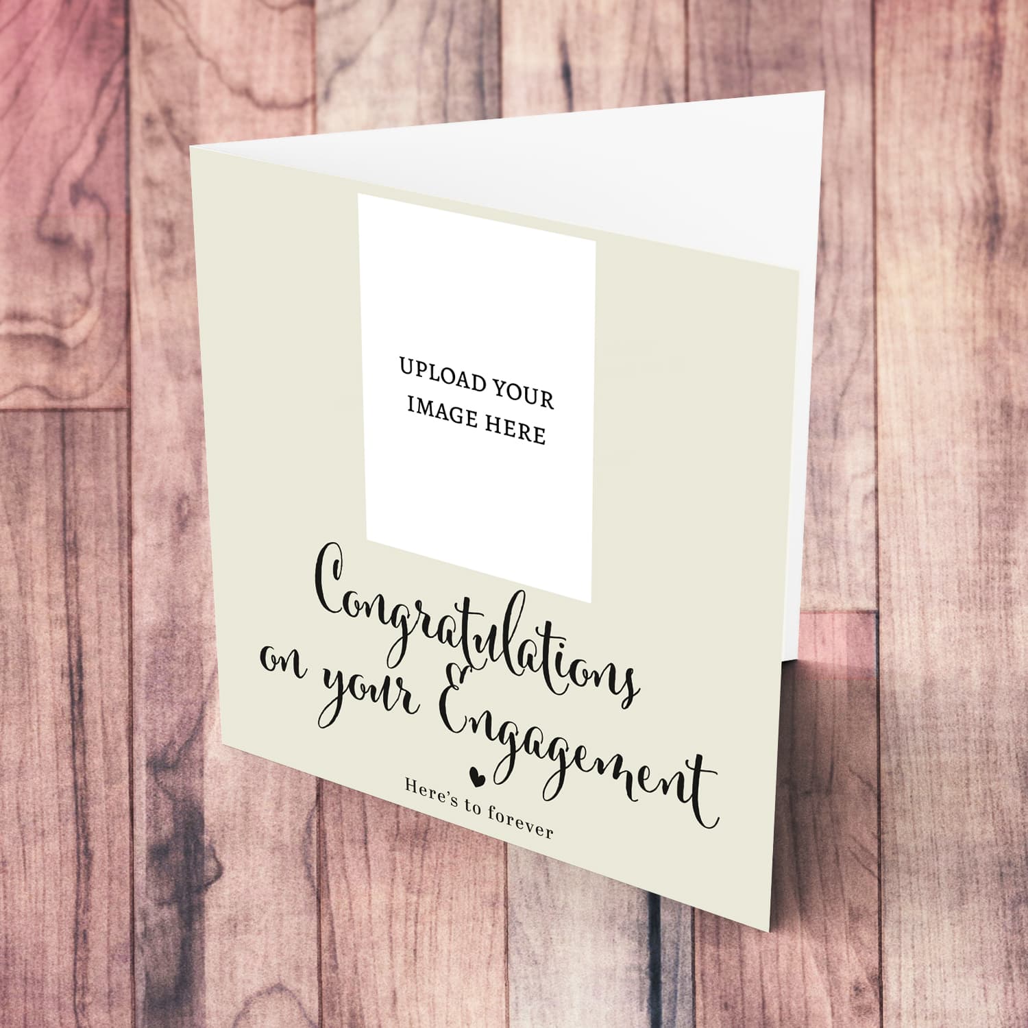 A minimalist Engagement photo card, in a light background, black text and heart in English