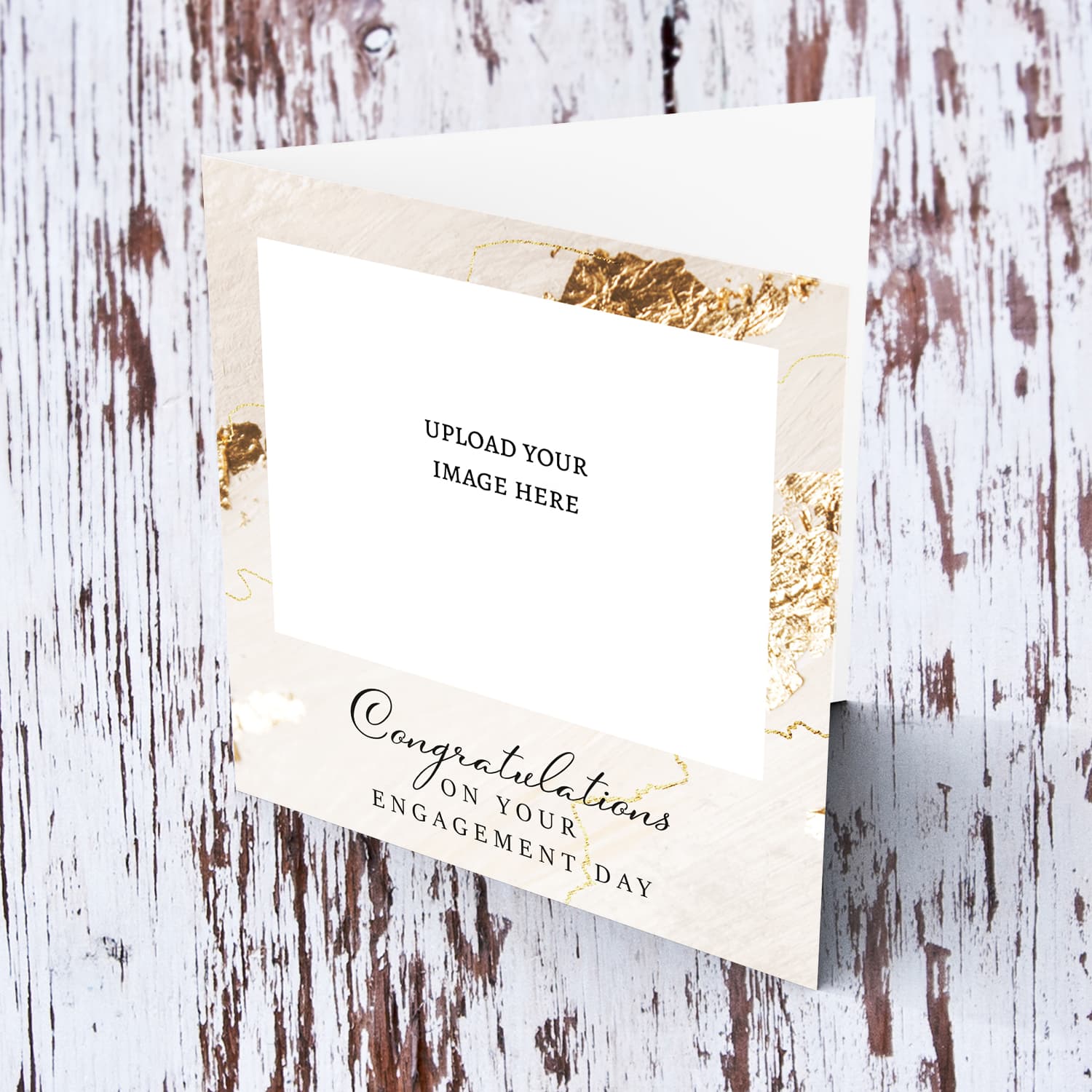 An elegant photo engagement card with a marble and gold design in English