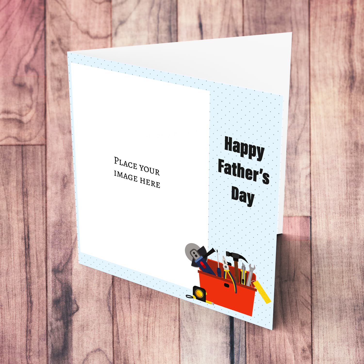 Photo father's day card in light blue dotted background with toolbox in English 