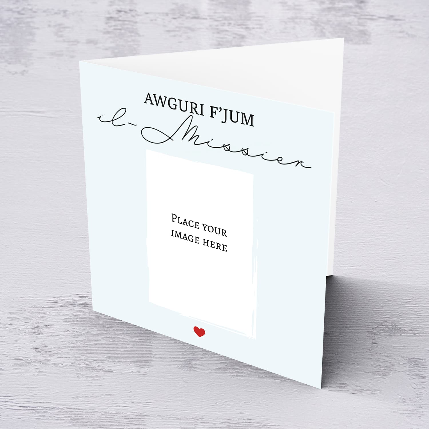 Minimalist photo father's day card with light blue background and red heart in Maltese