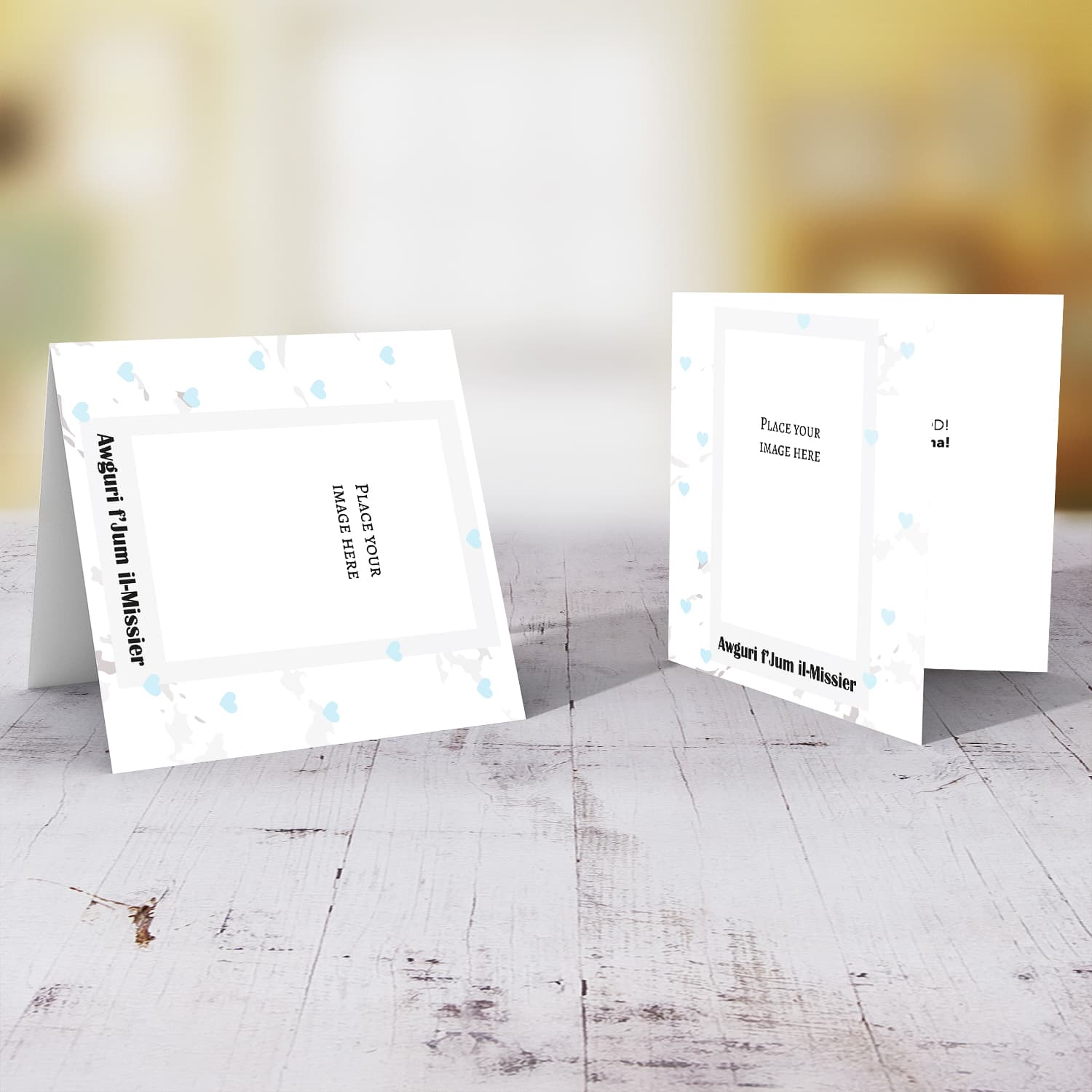 Marbled background father's day photo card with scattered light blue hearts in Maltese