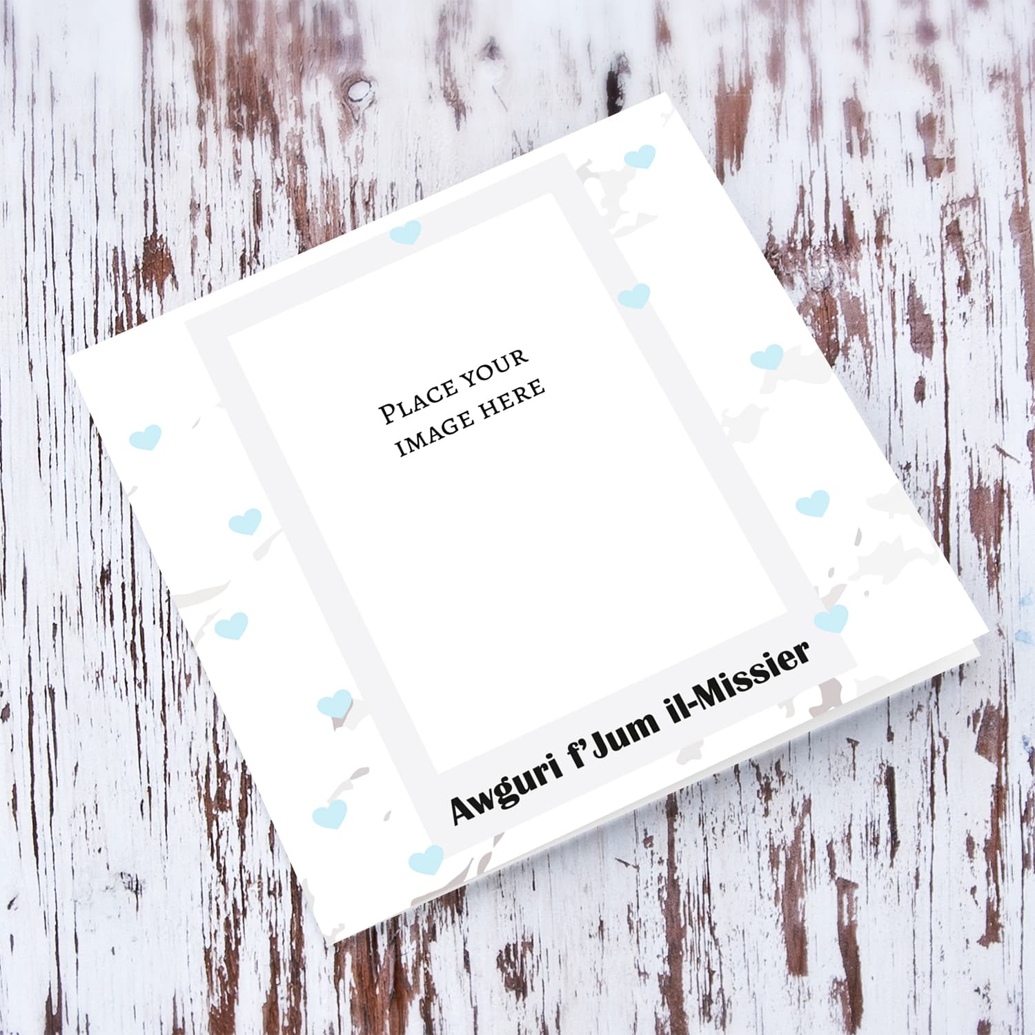 Marbled background father's day photo card with scattered light blue hearts in Maltese