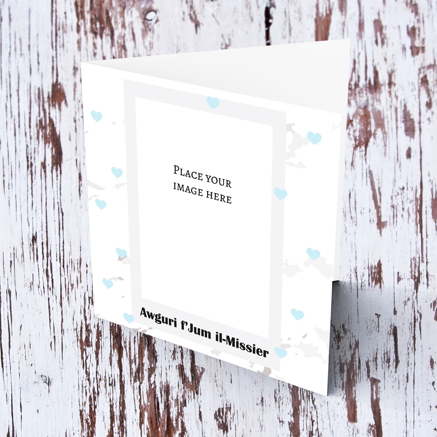 Marbled background father's day photo card with scattered light blue hearts in Maltese