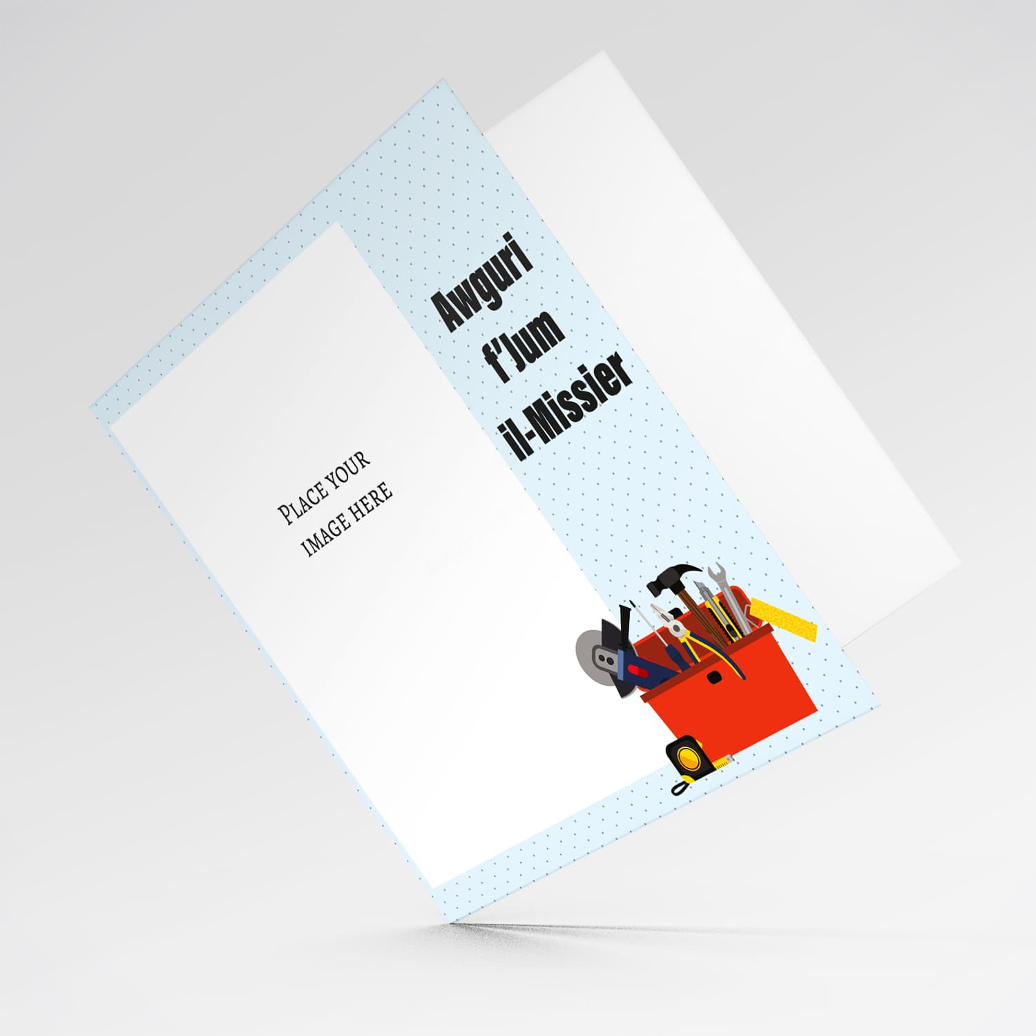 Photo father's day card in light blue dotted background with toolbox in Maltese