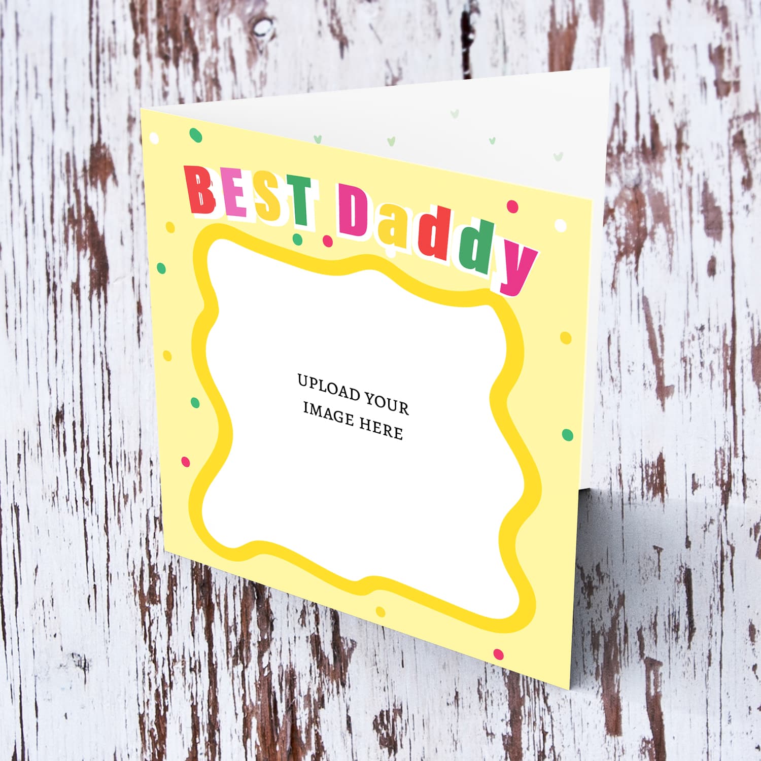 Best Daddy photo card featuring colourful text, light yellow background and wobbly border in English 