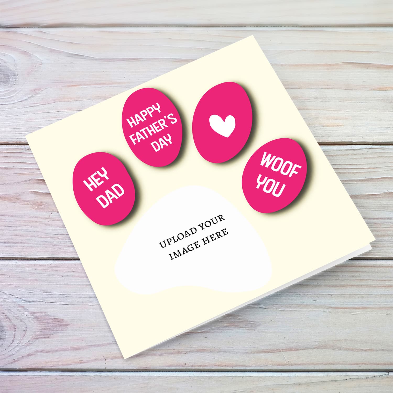 A cute paw themed photo father's day card in pink print in English 