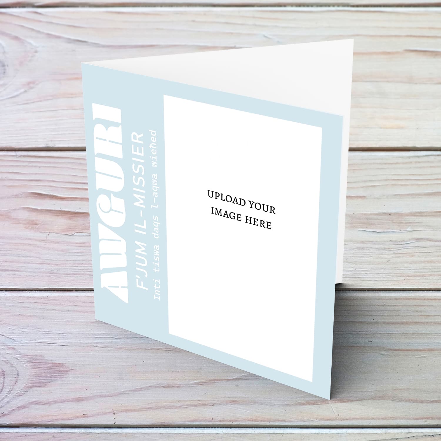 Father's day photo card for Step Dad in light blue background and white text in Maltese