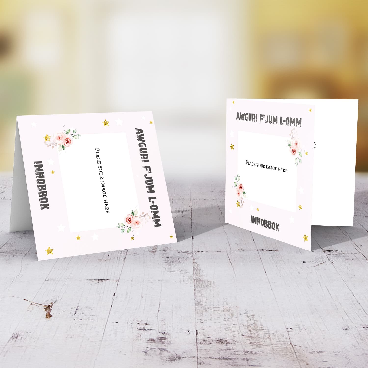 Pink Background Mother's Day Photo card with flowers and stars in Maltese