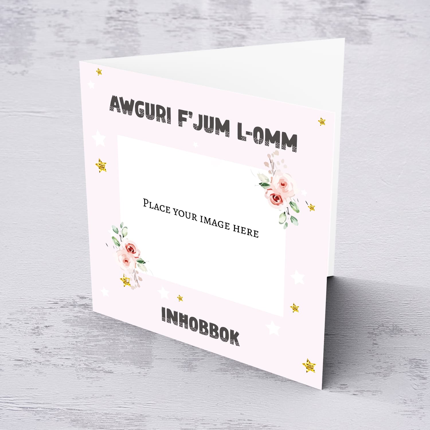 Pink Background Mother's Day Photo card with flowers and stars in Maltese
