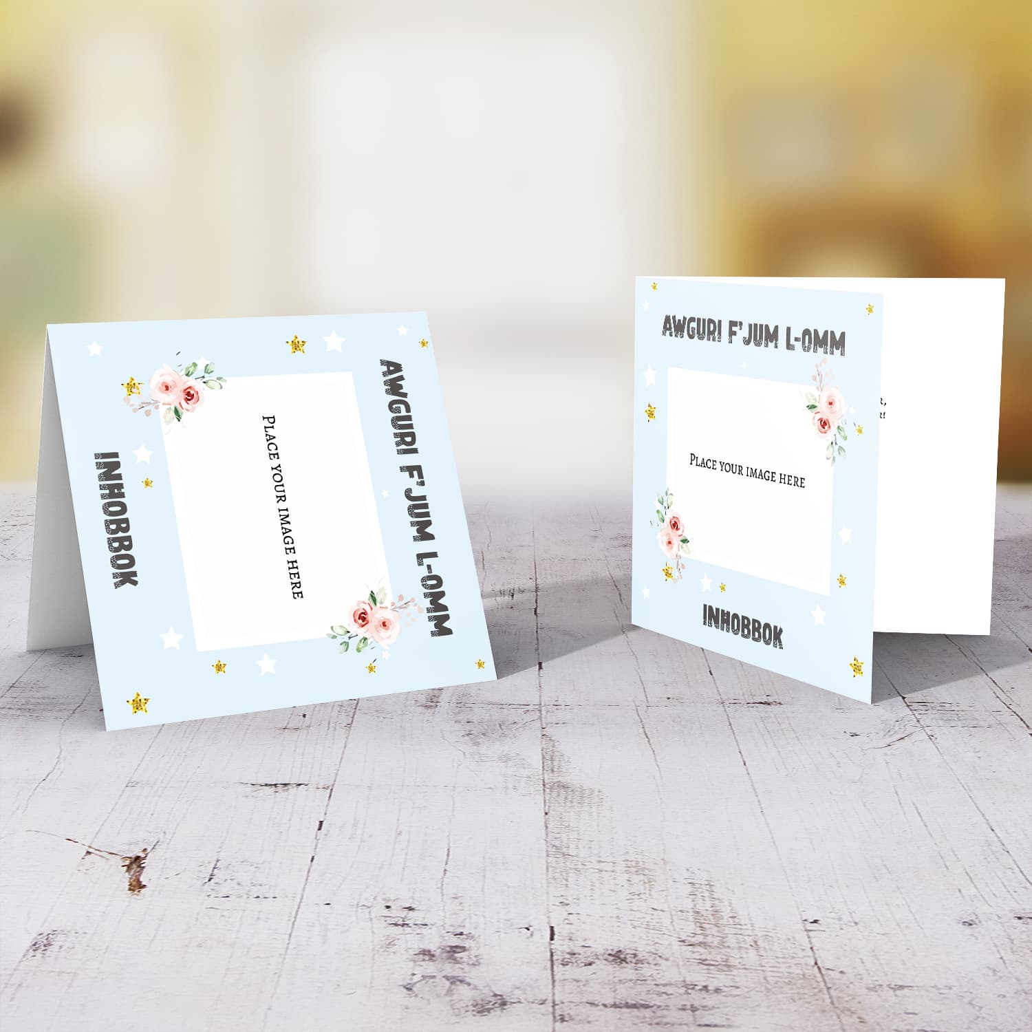 Light blue Background Mother's Day Photo card with flowers and stars in Maltese