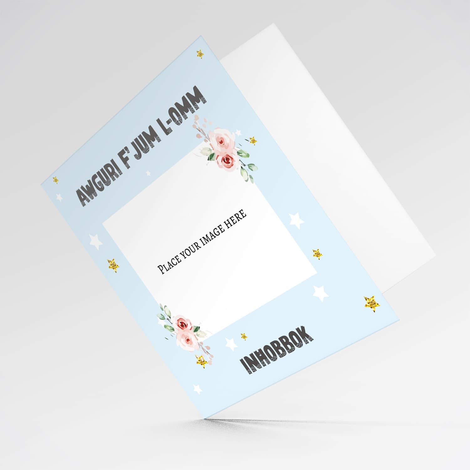 Light blue Background Mother's Day Photo card with flowers and stars in Maltese