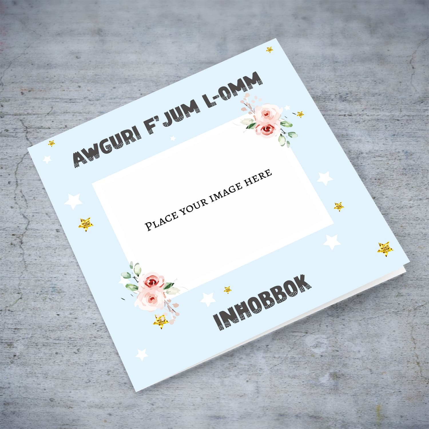 Light blue Background Mother's Day Photo card with flowers and stars in Maltese