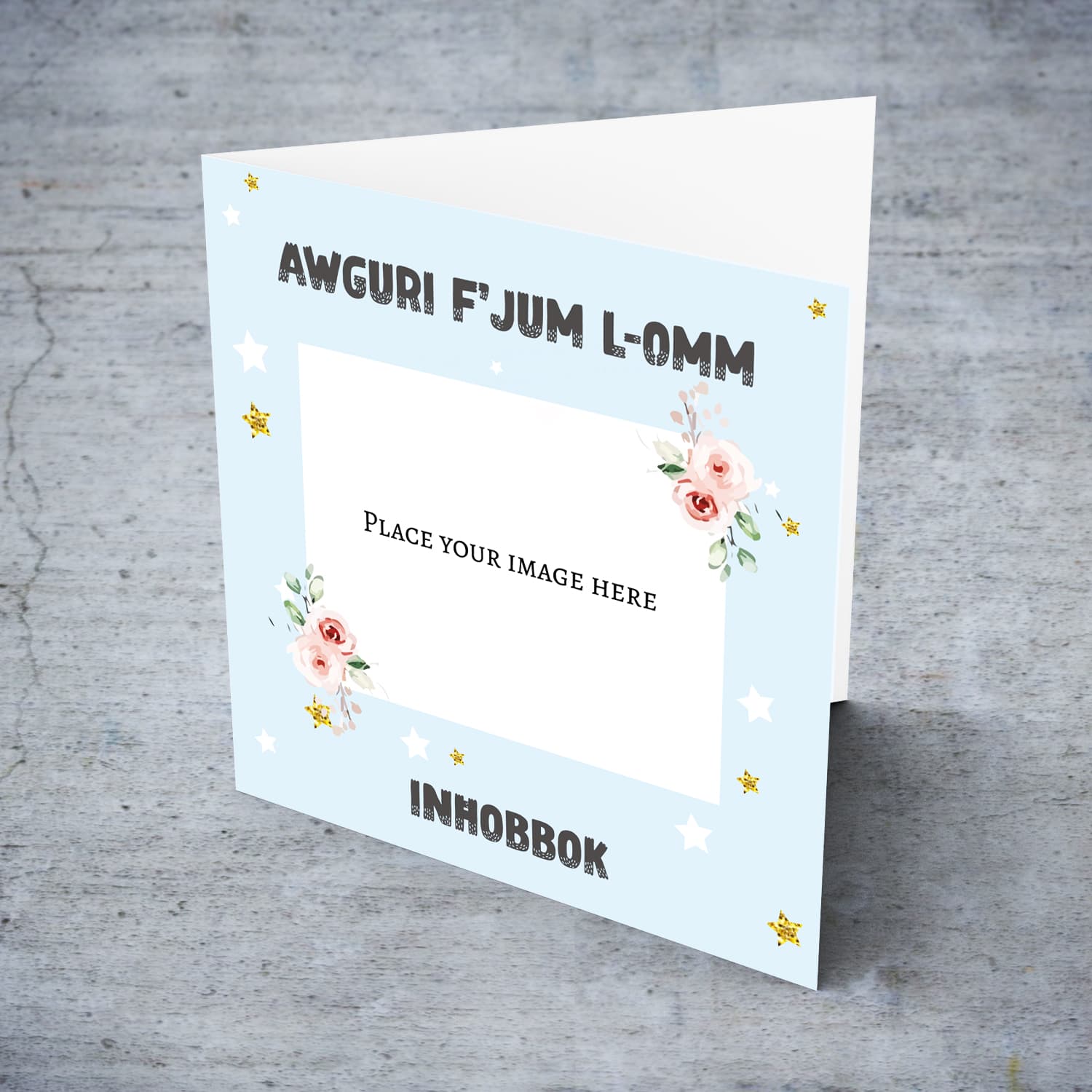 Light blue Background Mother's Day Photo card with flowers and stars in Maltese