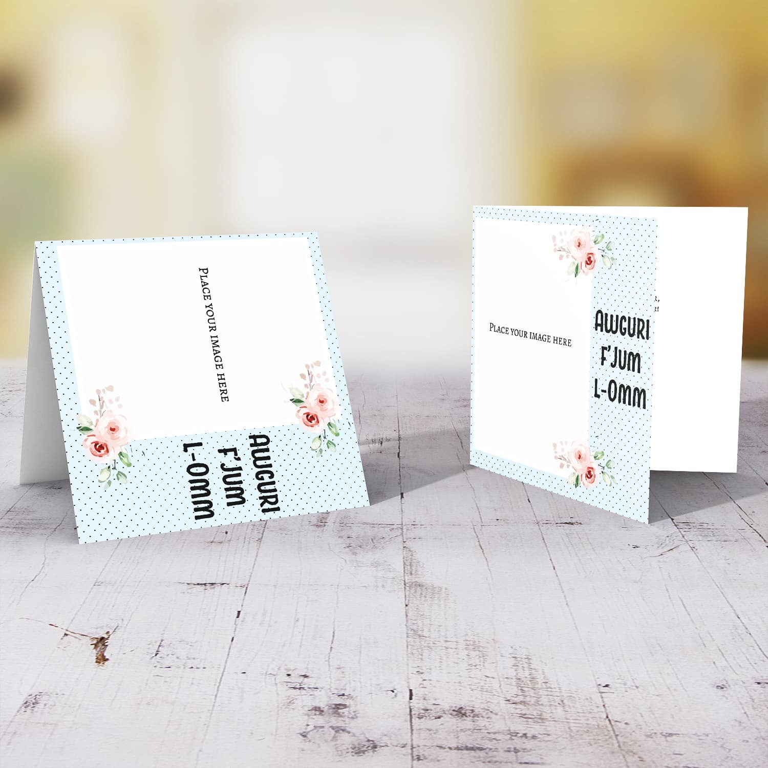 Light blue with dotted background and flowers photo mother's day card in Maltese 