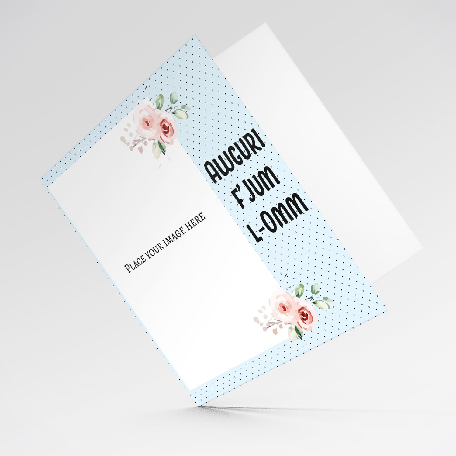 Light blue with dotted background and flowers photo mother's day card in Maltese 