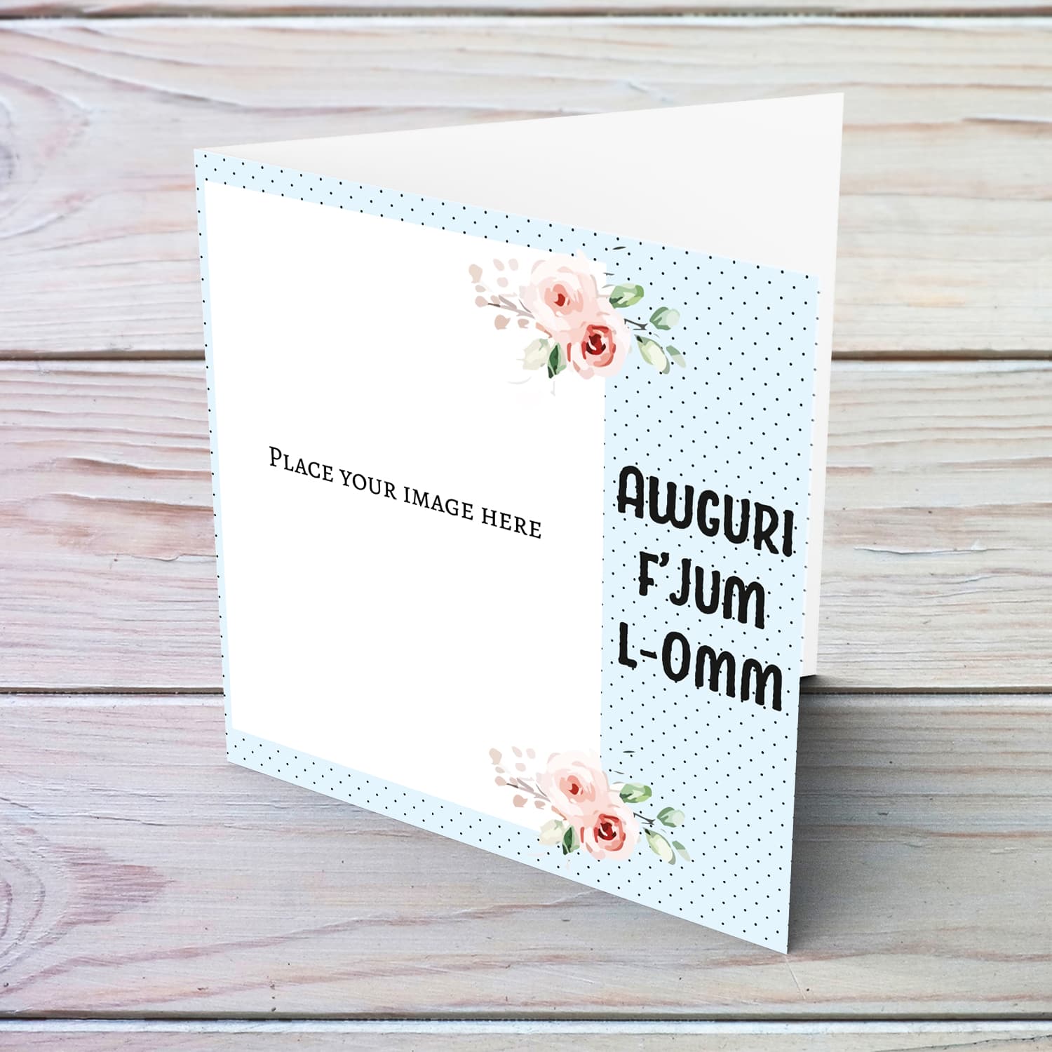 Light blue with dotted background and flowers photo mother's day card in Maltese 