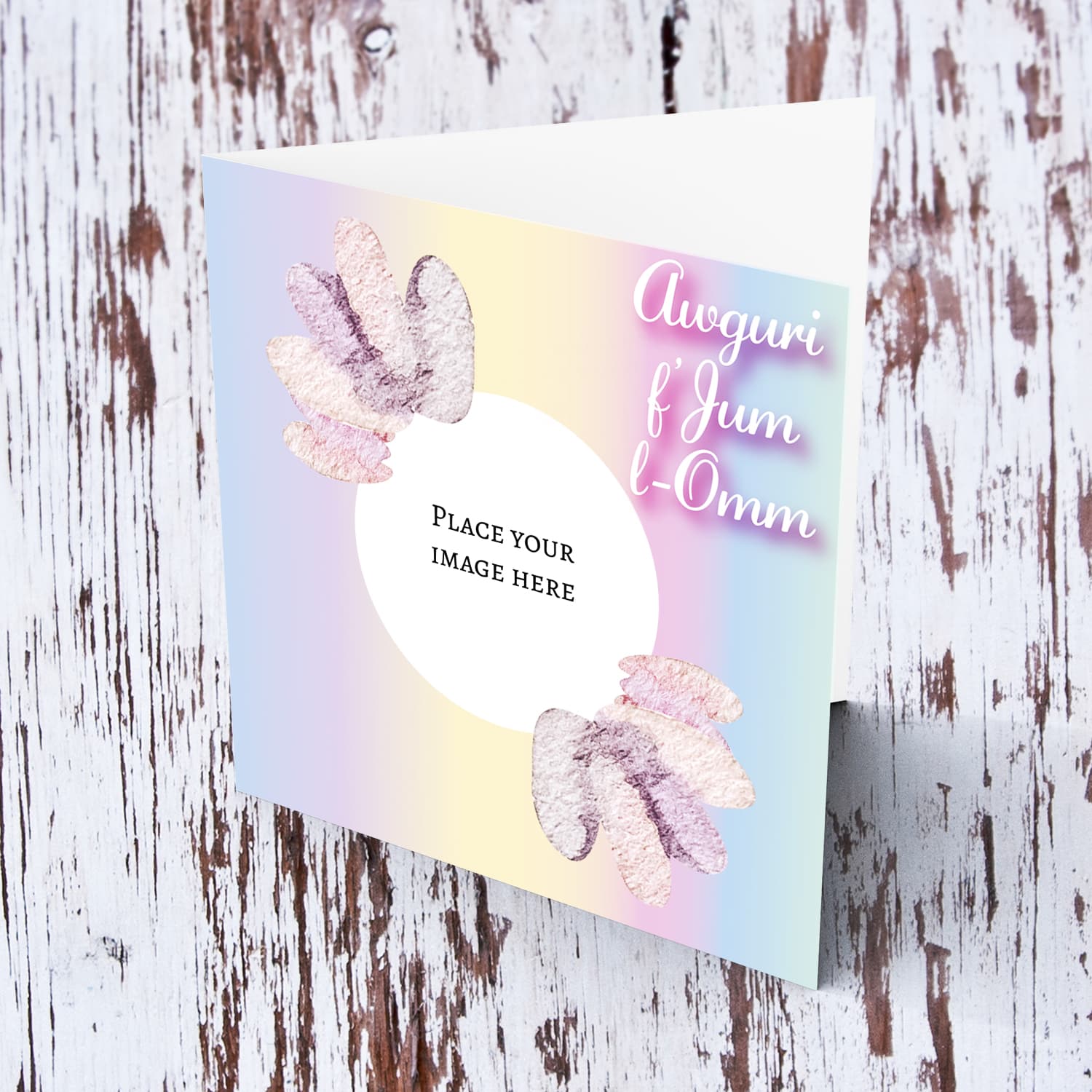 Rainbow pastel coloured background with soft watercolour petals photo mother's day card in Maltese