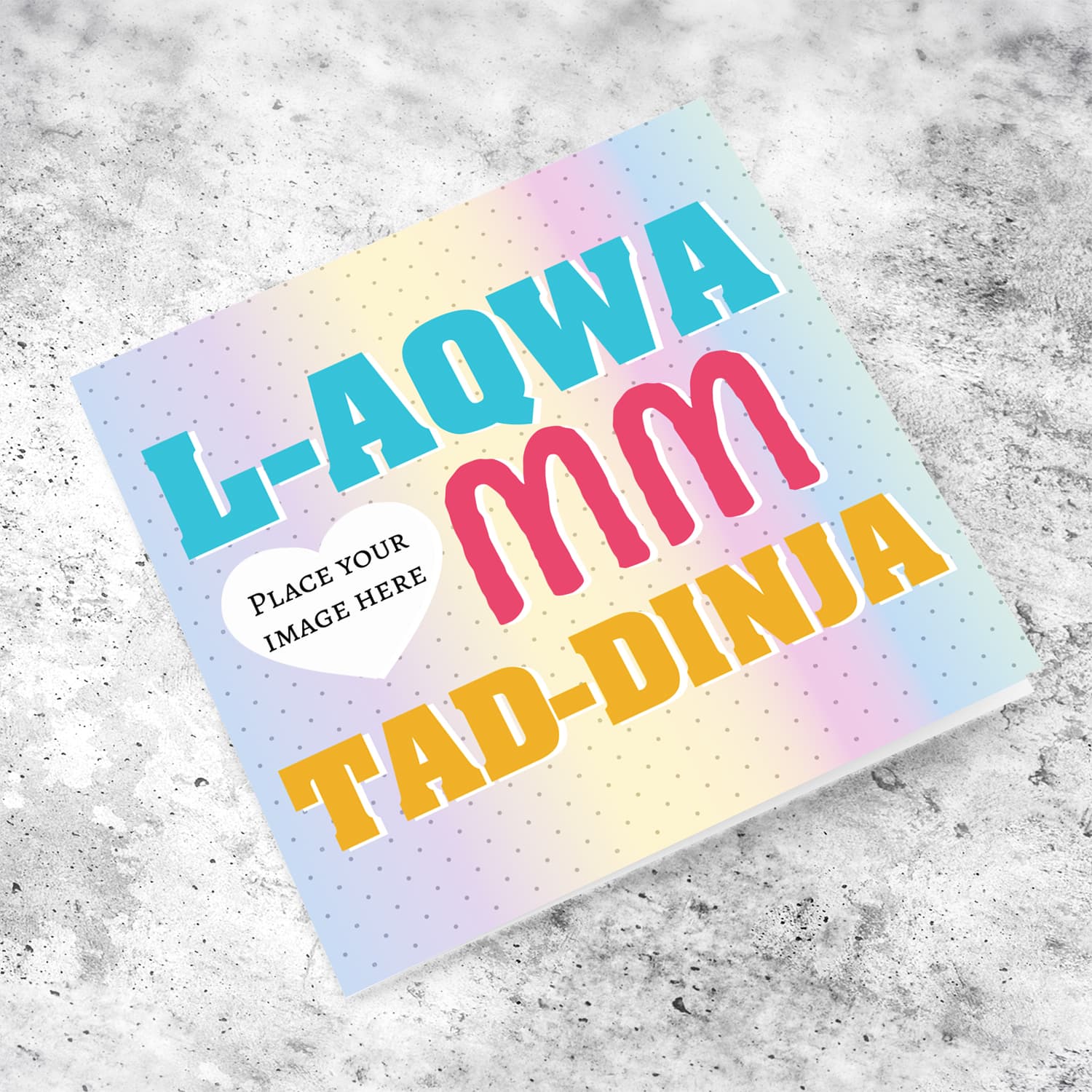 Rainbow coloured background with dots, heart photo shaped mother's day card in Maltese
