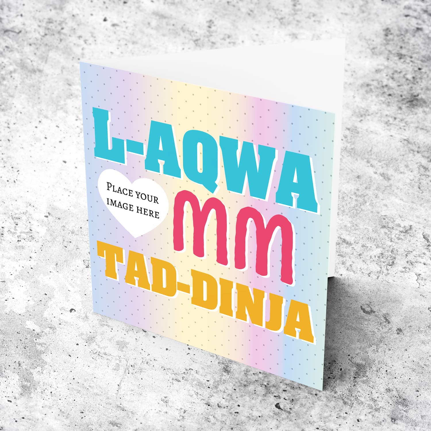 Rainbow coloured background with dots, heart photo shaped mother's day card in Maltese