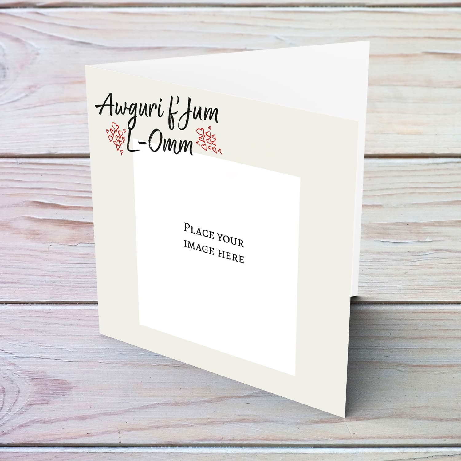 Minimalistic mother's day photo card with red hearts in Maltese