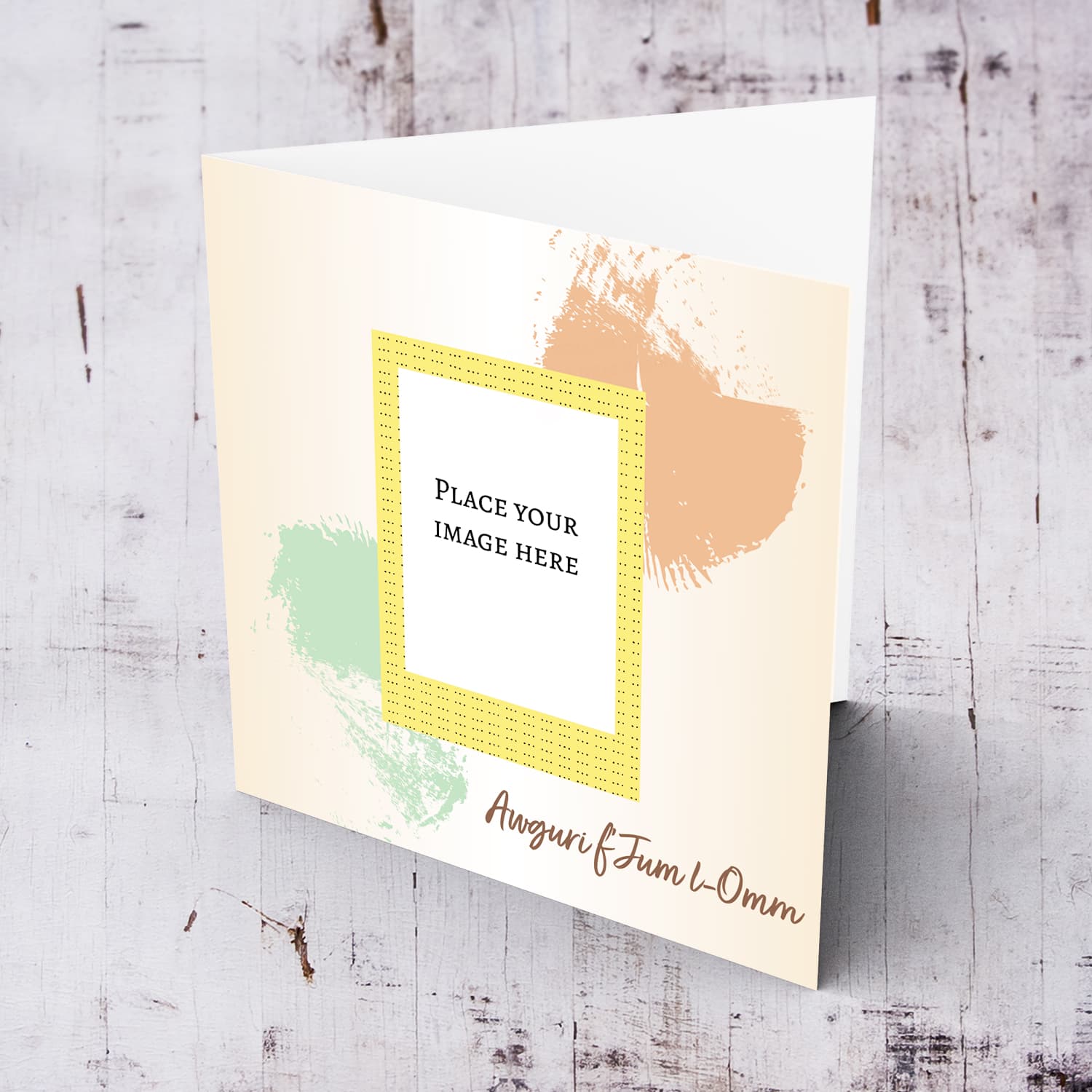Natural light gradient background with green and brown brush strokes photo mother's day card in Maltese