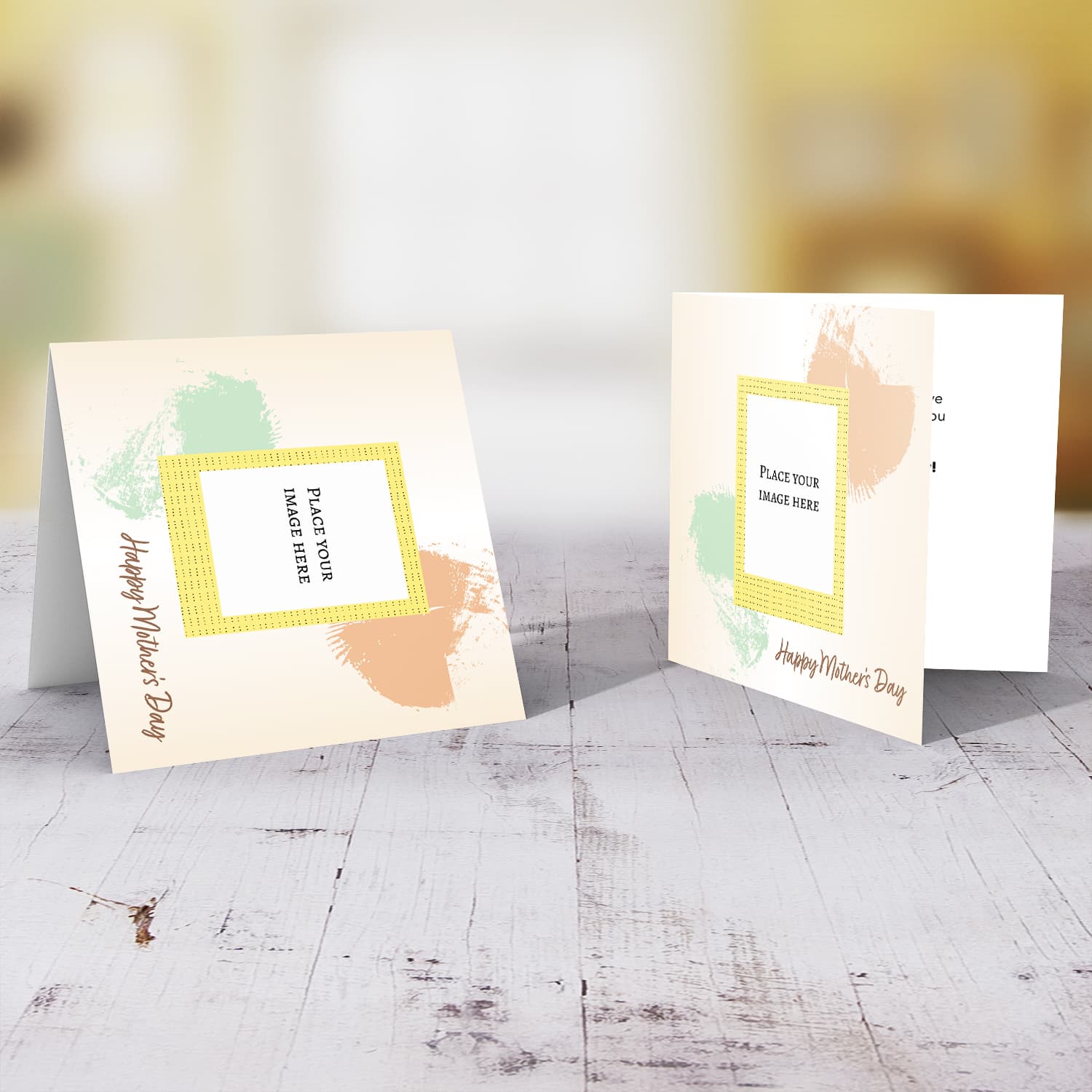 Light background with green and brown brush strokes photo mother's day card in English